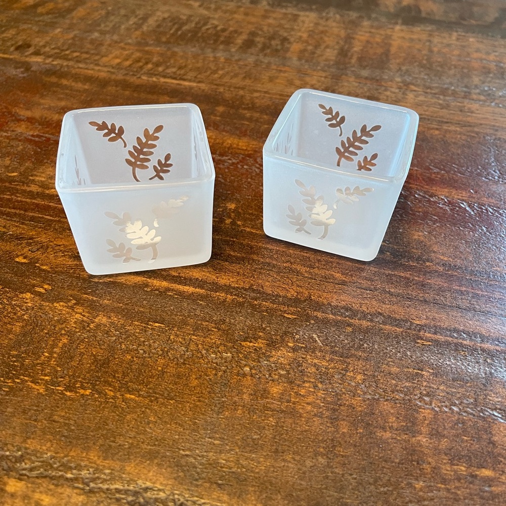 PartyLite Frosted Glass Candle Holders with Leaf Design